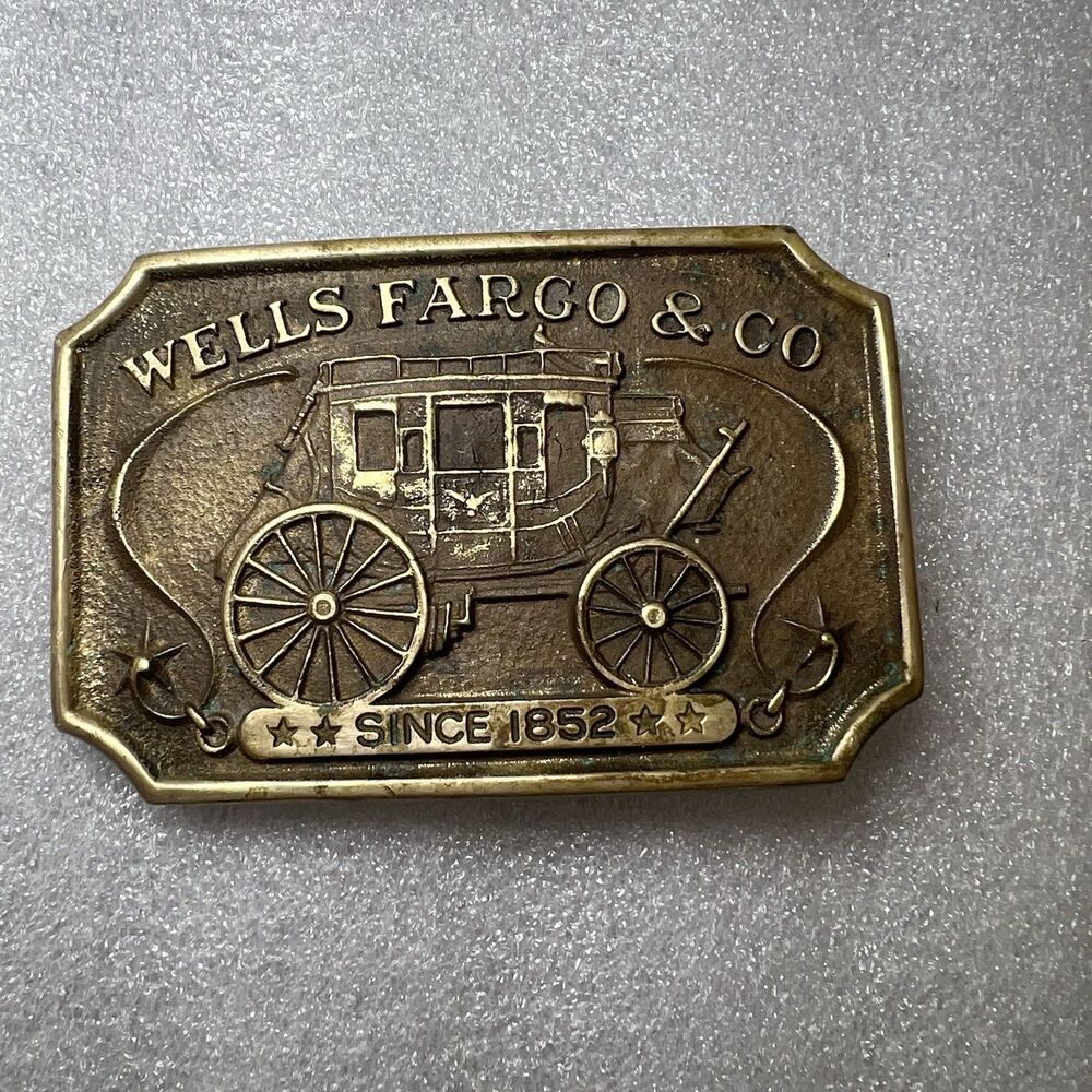 Wells Fargo & Co. Since 1852 Vtg 1973 Commemorative Stagecoach Brass Belt Buckle